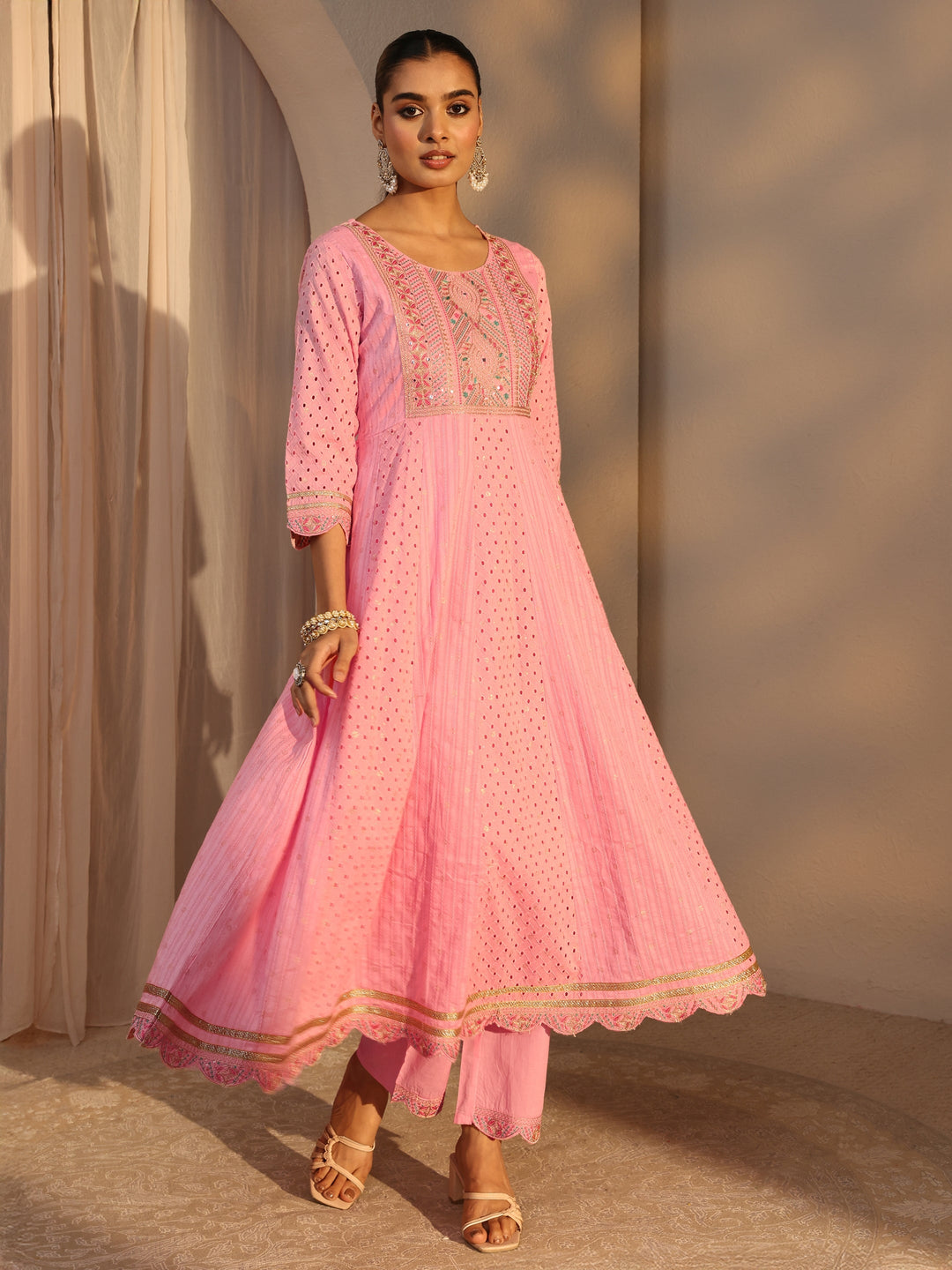  Pink Schiffli Embroidered Cotton Anarkali Suits Set With Dupatta 