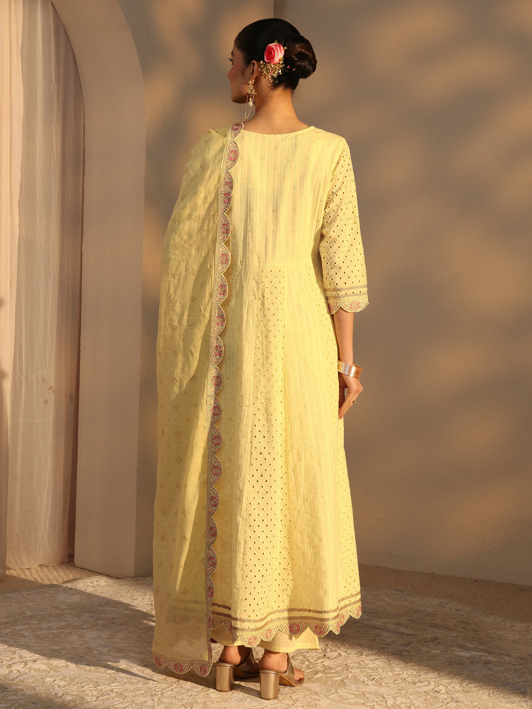  Yellow Schiffli Embroidered Cotton Anarkali Suits Set With Dupatta 
