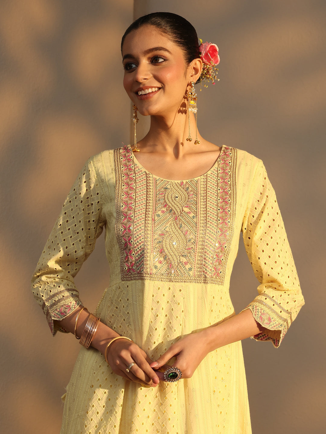 Yellow Schiffli Embroidered Cotton Anarkali Suits Set With Dupatta 