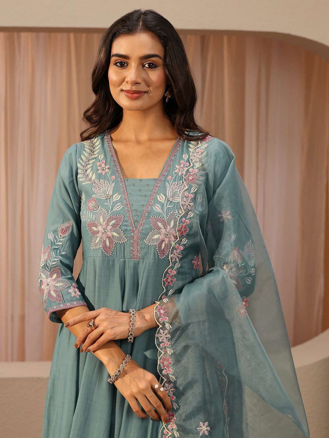  Blue Floral Embroidered Chanderi silk Anarkali Suit Set 