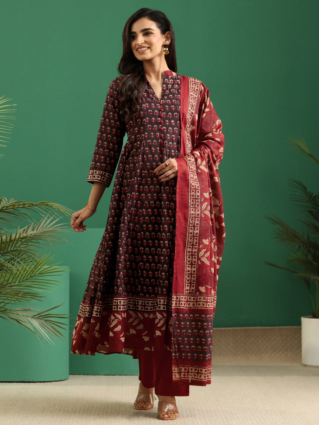 Libas Black Ajrakh Cotton Anarkali Suit Set 