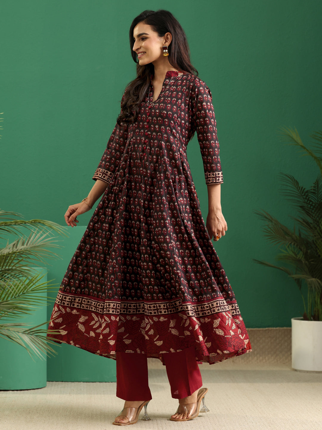  Libas Black Ajrakh Cotton Anarkali Suit Set 