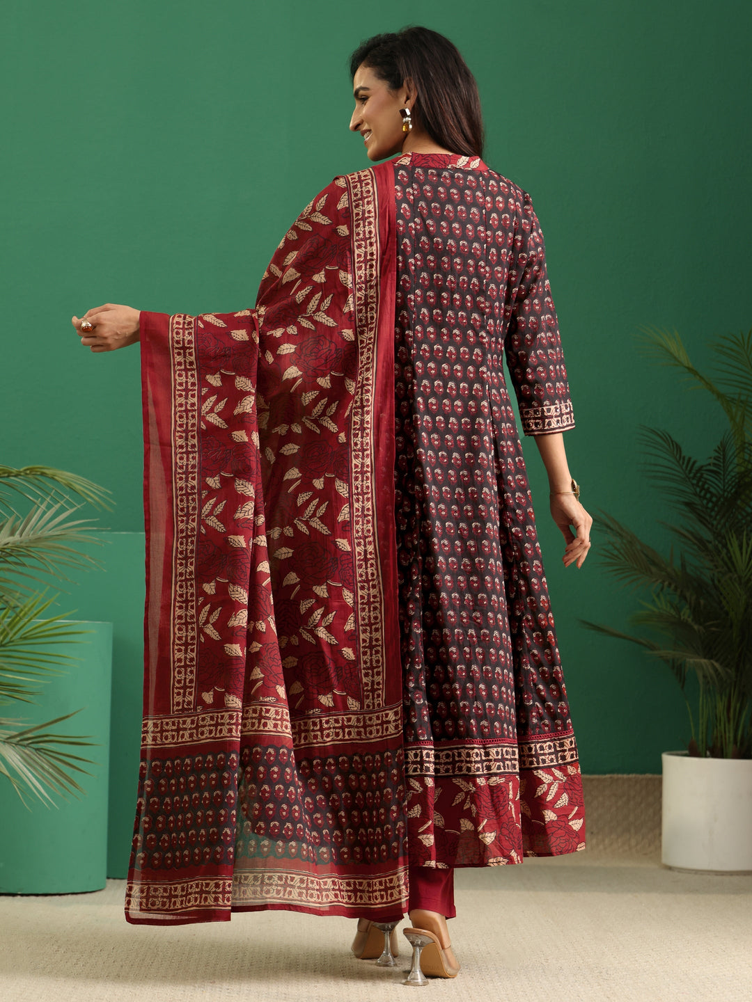  Libas Black Ajrakh Cotton Anarkali Suit Set 