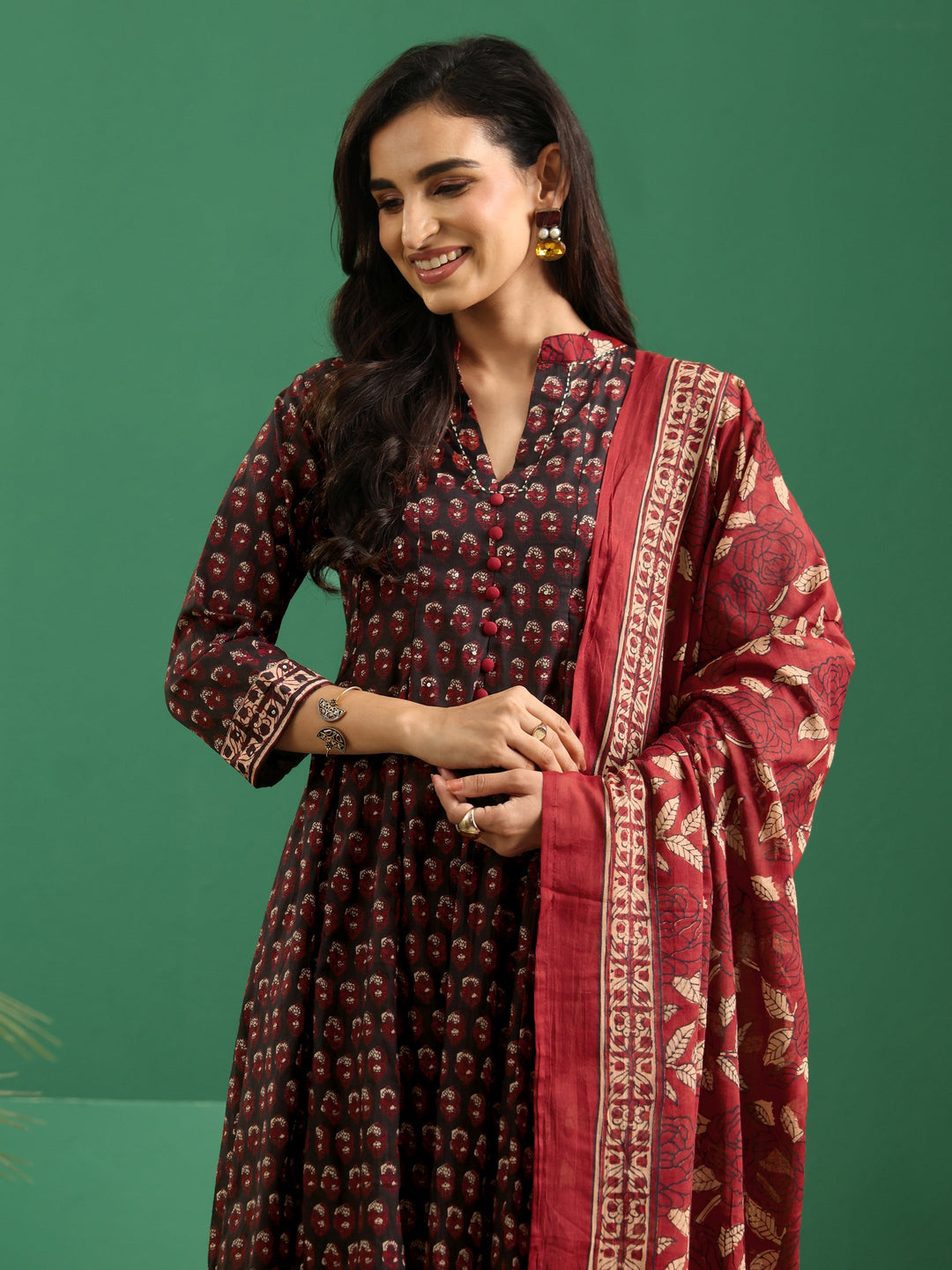  Libas Black Ajrakh Cotton Anarkali Suit Set 