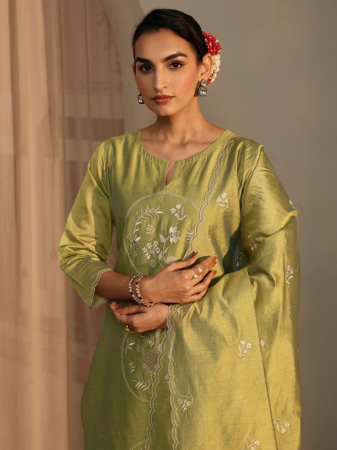  Libas Art Green Embroidered Silk Blend Straight Suit Set With Dupatta 