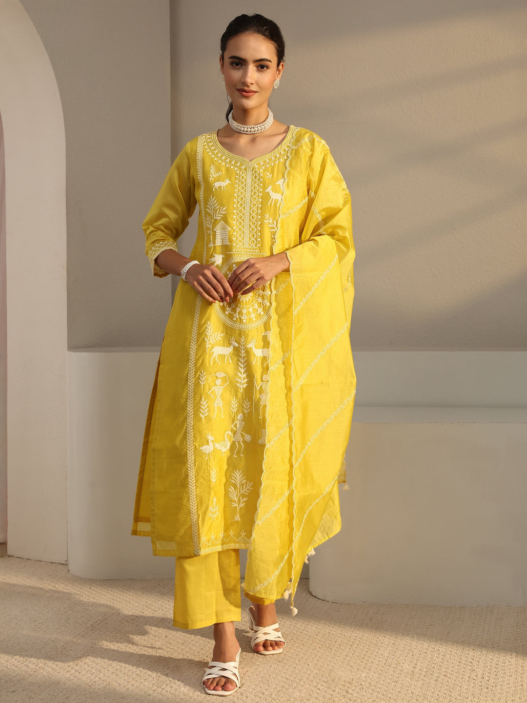  Libas Art Yellow Warli Embroidered Silk Blend Straight Suit Set With Dupatta 