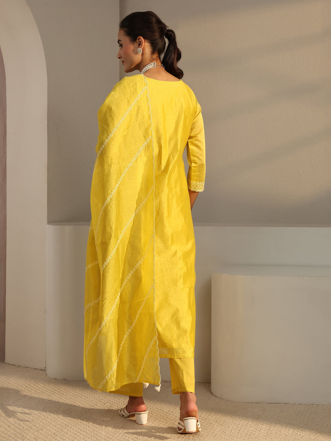  Libas Art Yellow Warli Embroidered Silk Blend Straight Suit Set With Dupatta 