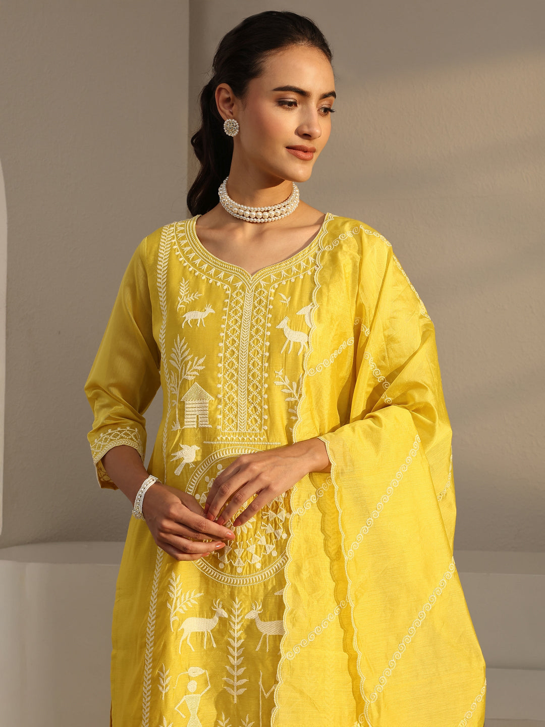  Libas Art Yellow Warli Embroidered Silk Blend Straight Suit Set With Dupatta 