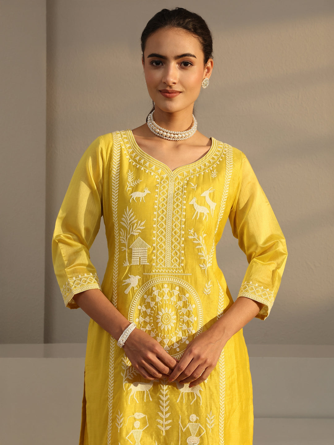  Libas Art Yellow Warli Embroidered Silk Blend Straight Suit Set With Dupatta 
