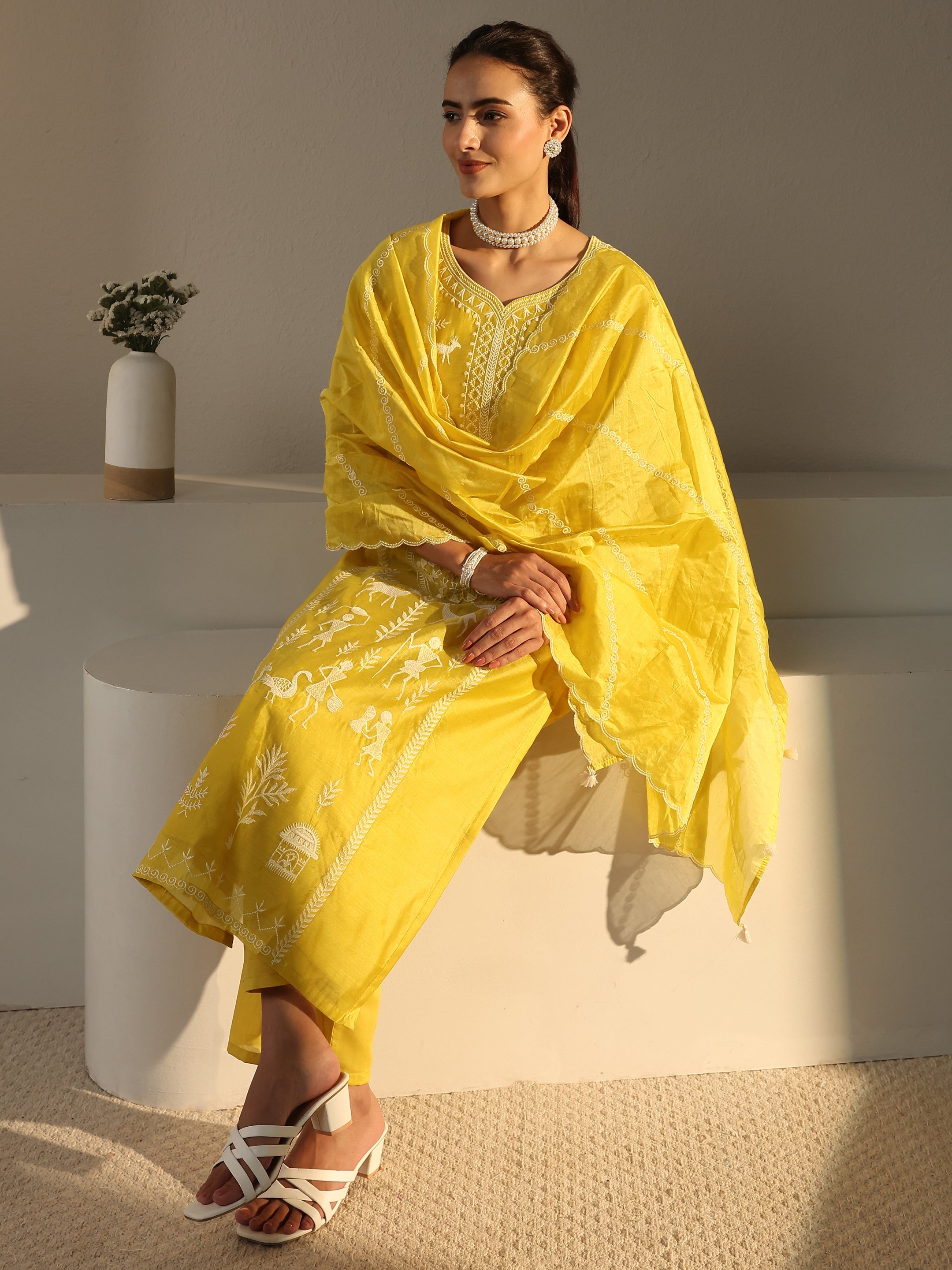Libas Art Yellow Warli Embroidered Silk Blend Straight Suit Set With Dupatta-picture-25