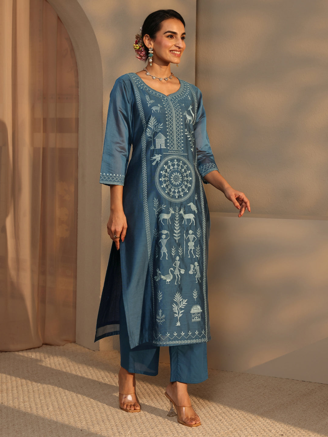  Libas Art Teal Warli Embroidered Silk Blend Straight Suit Set With Dupatta 