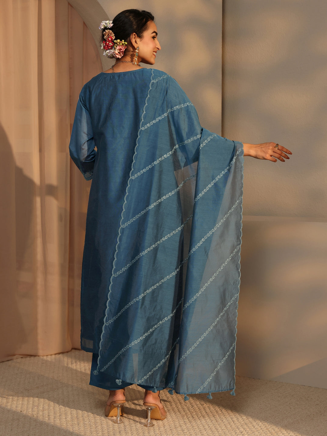  Libas Art Teal Warli Embroidered Silk Blend Straight Suit Set With Dupatta 