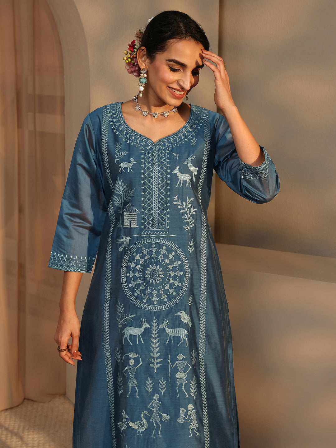  Libas Art Teal Warli Embroidered Silk Blend Straight Suit Set With Dupatta 