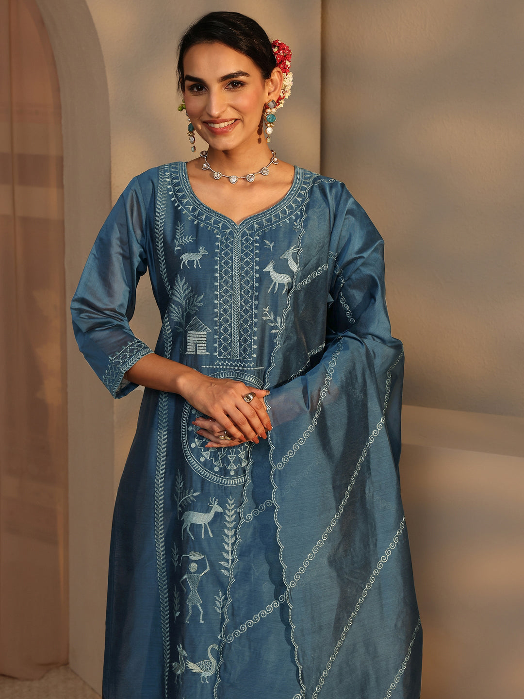  Libas Art Teal Warli Embroidered Silk Blend Straight Suit Set With Dupatta 