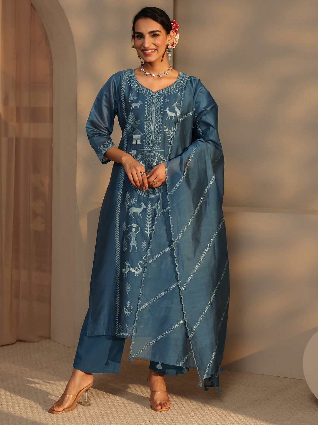  Libas Art Teal Warli Embroidered Silk Blend Straight Suit Set With Dupatta 
