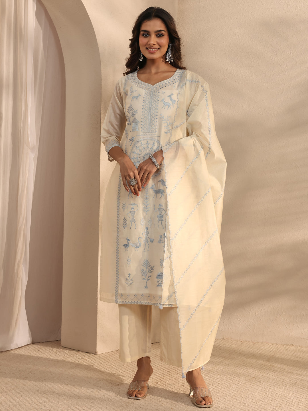  Libas Art Ivory Warli Embroidered Silk Blend Straight Suit Set With Dupatta 