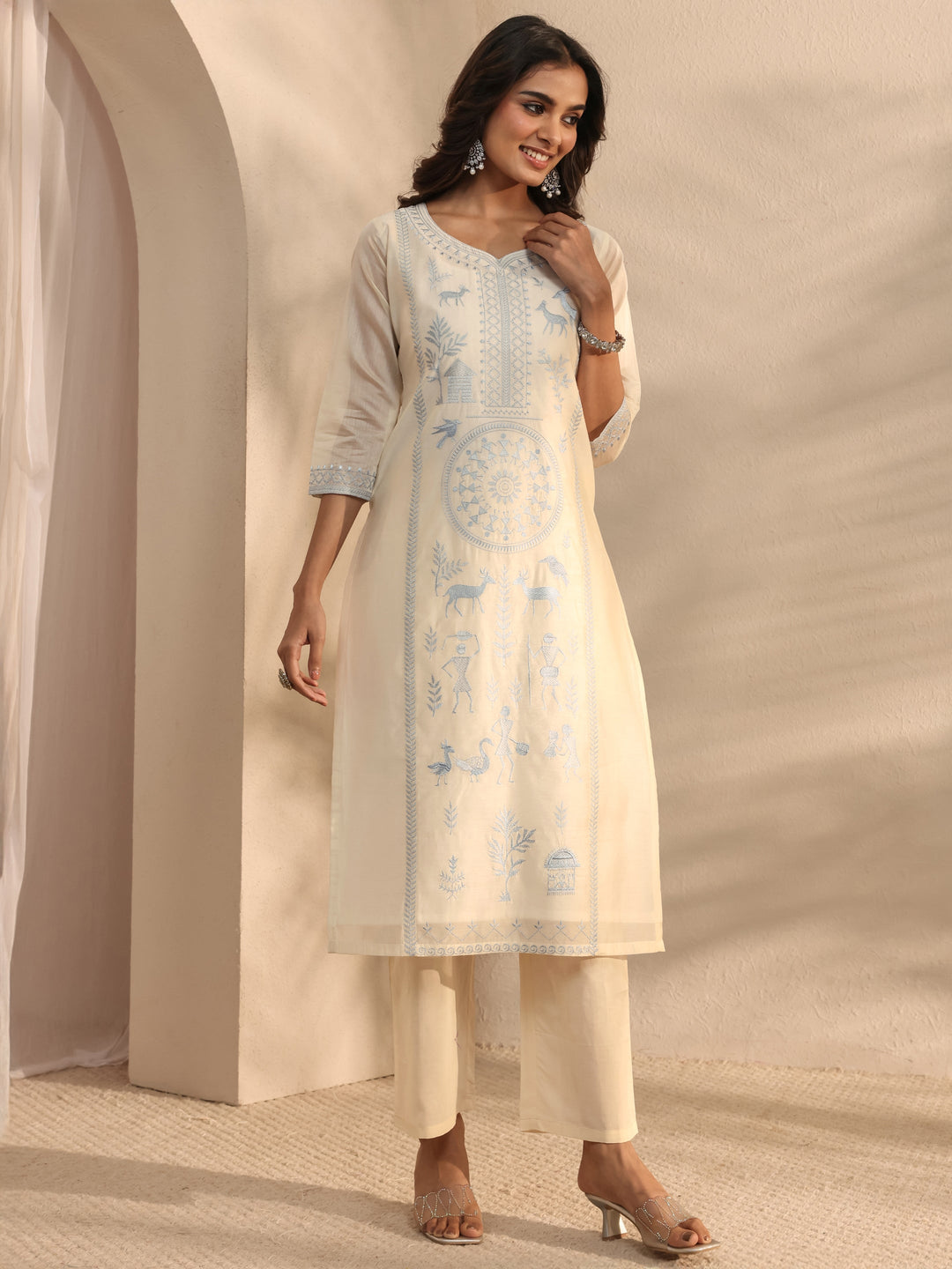  Libas Art Ivory Warli Embroidered Silk Blend Straight Suit Set With Dupatta 