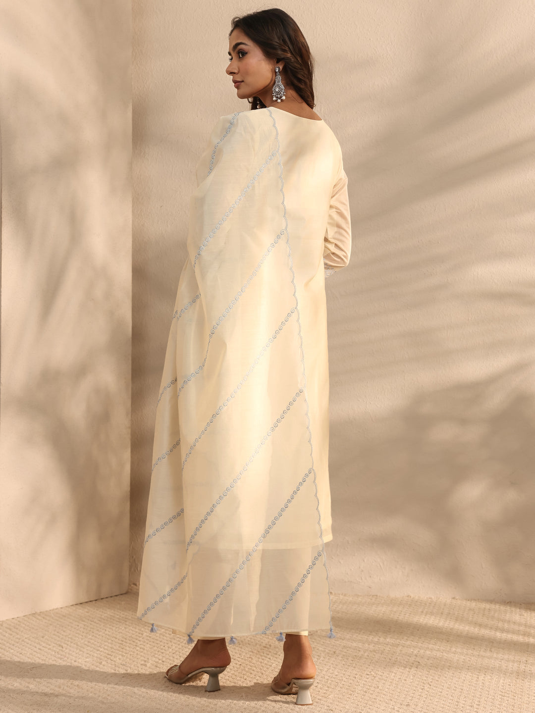  Libas Art Ivory Warli Embroidered Silk Blend Straight Suit Set With Dupatta 