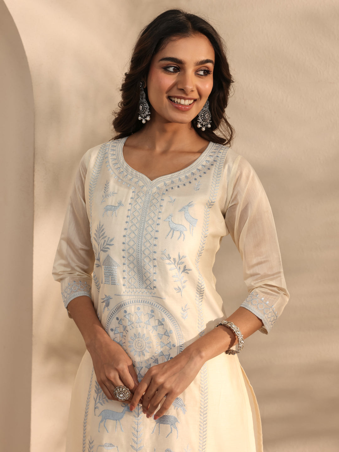  Libas Art Ivory Warli Embroidered Silk Blend Straight Suit Set With Dupatta 