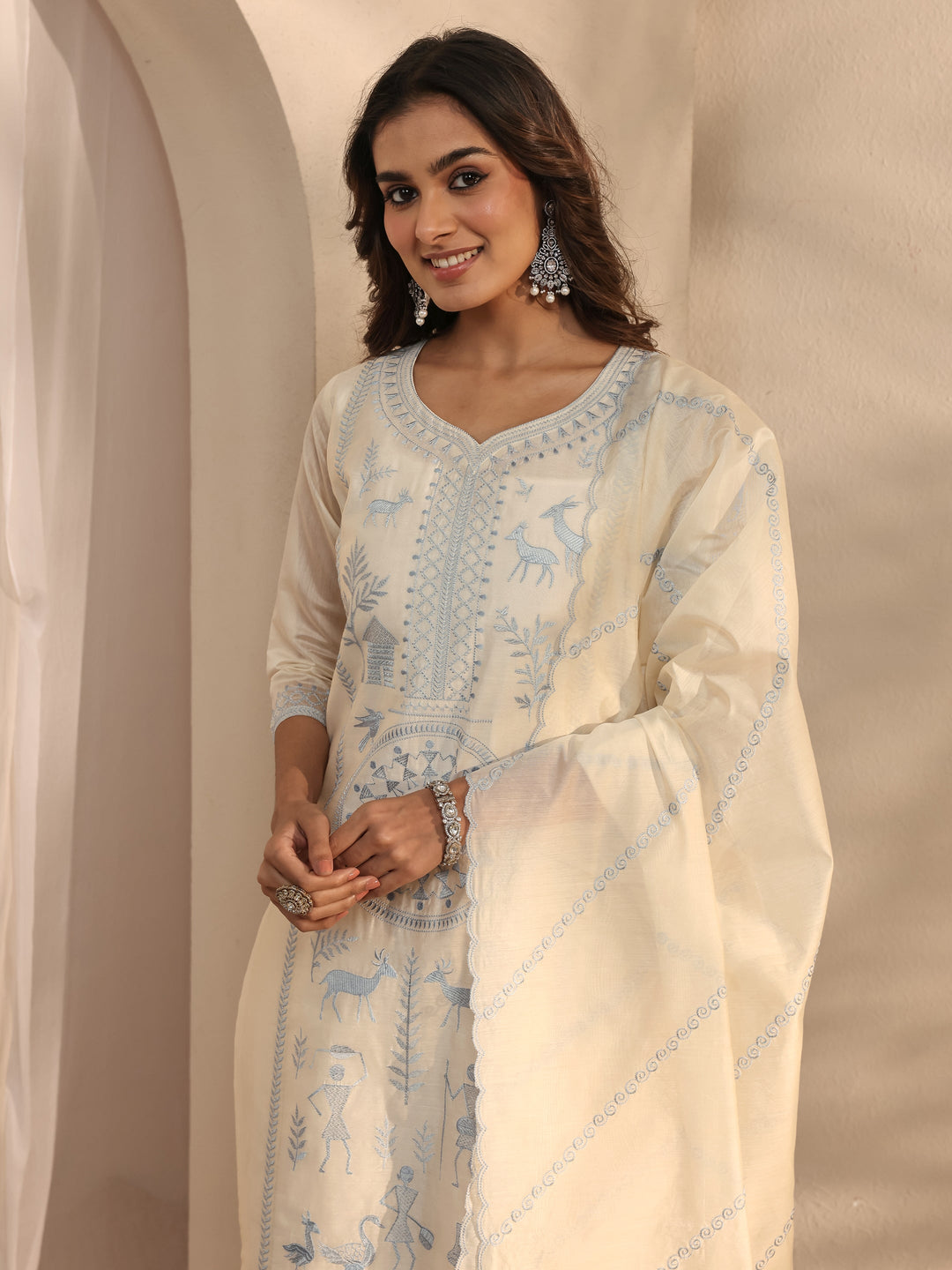  Libas Art Ivory Warli Embroidered Silk Blend Straight Suit Set With Dupatta 