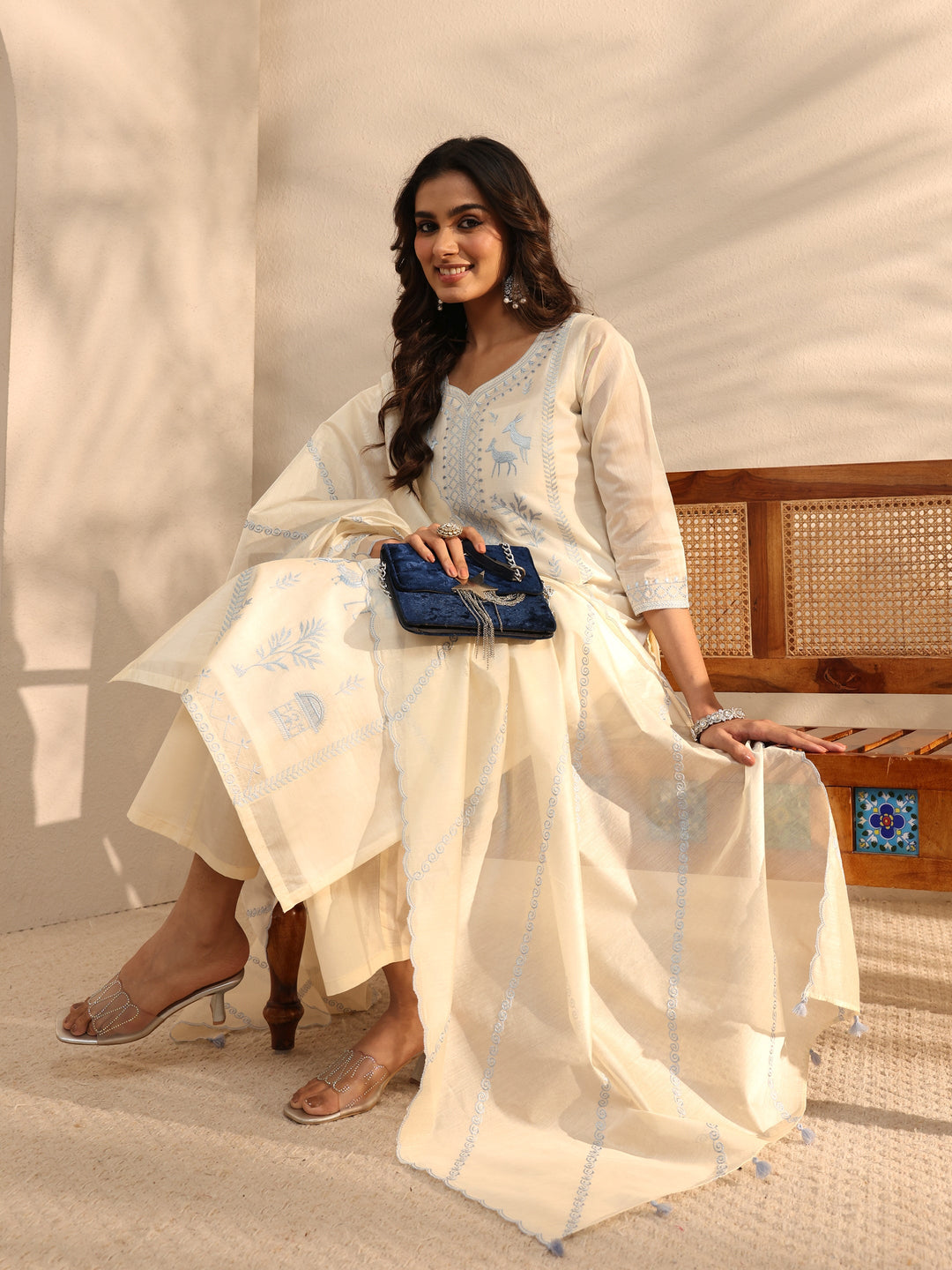  Libas Art Ivory Warli Embroidered Silk Blend Straight Suit Set With Dupatta 