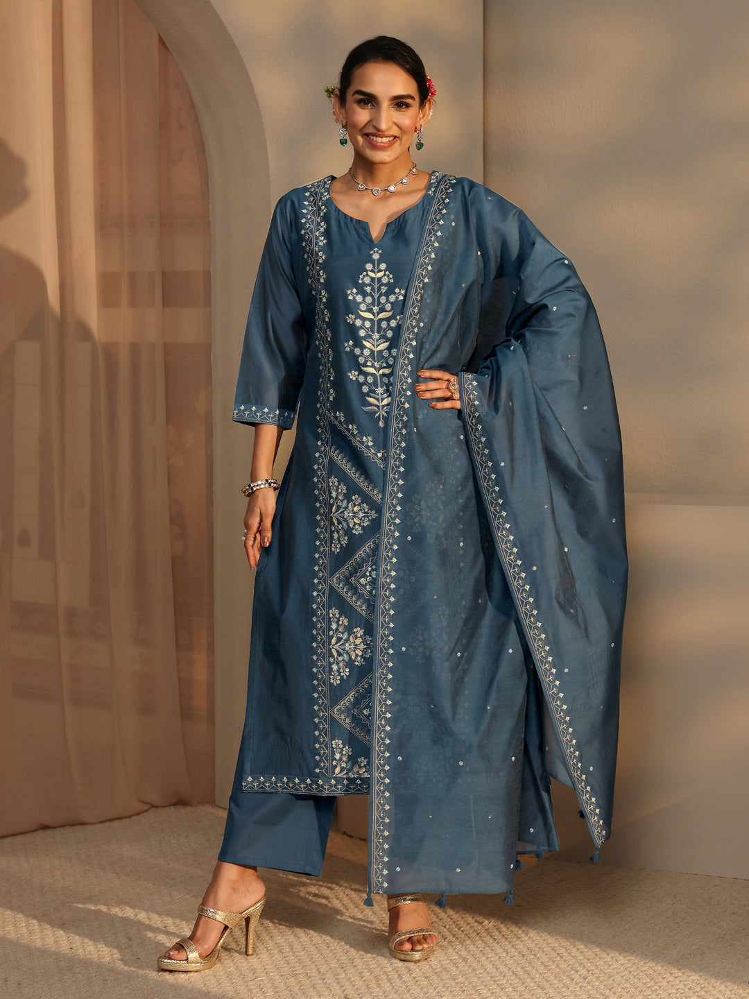  Libas Art Teal Embroidered Silk Blend Straight Suit Set With Dupatta 