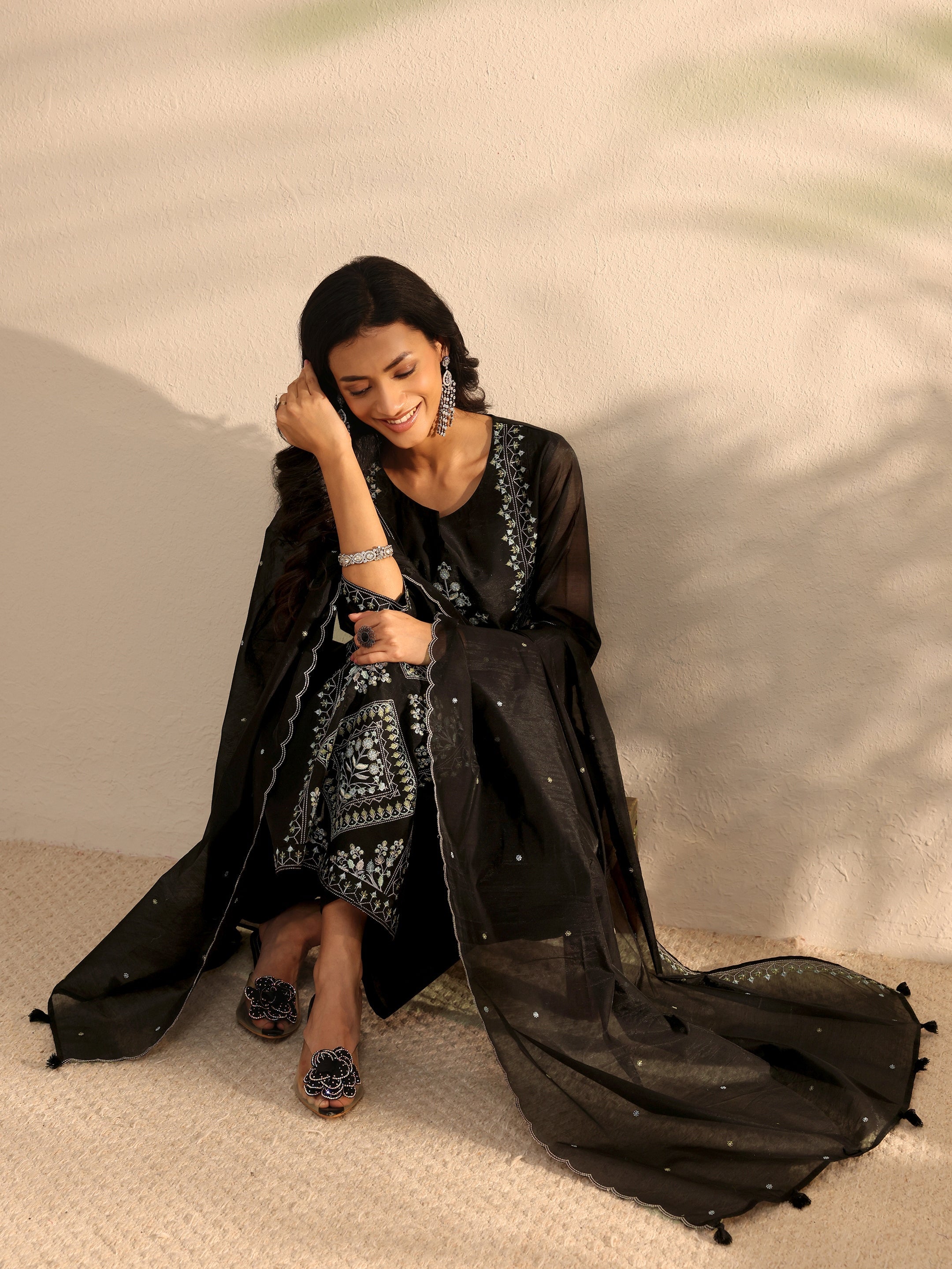 Libas Art Black Embroidered Silk Blend Straight Suit Set With Dupatta-image-38