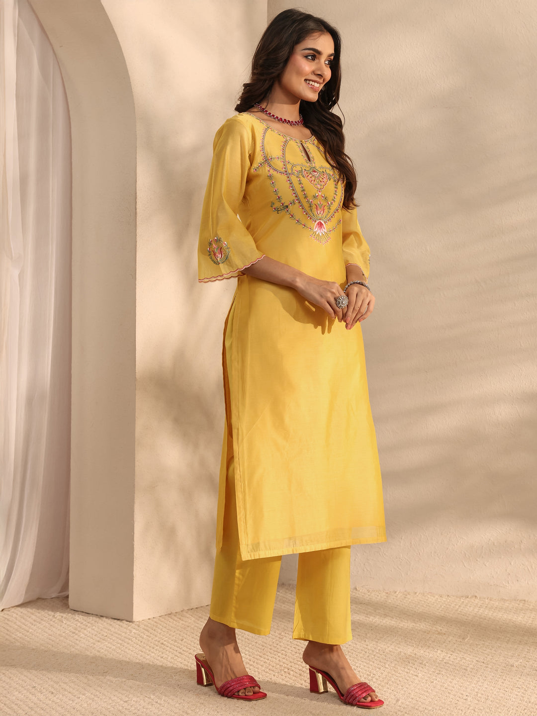  Libas Art Yellow Embroidered Silk Blend Straight Suit Set With Dupatta 