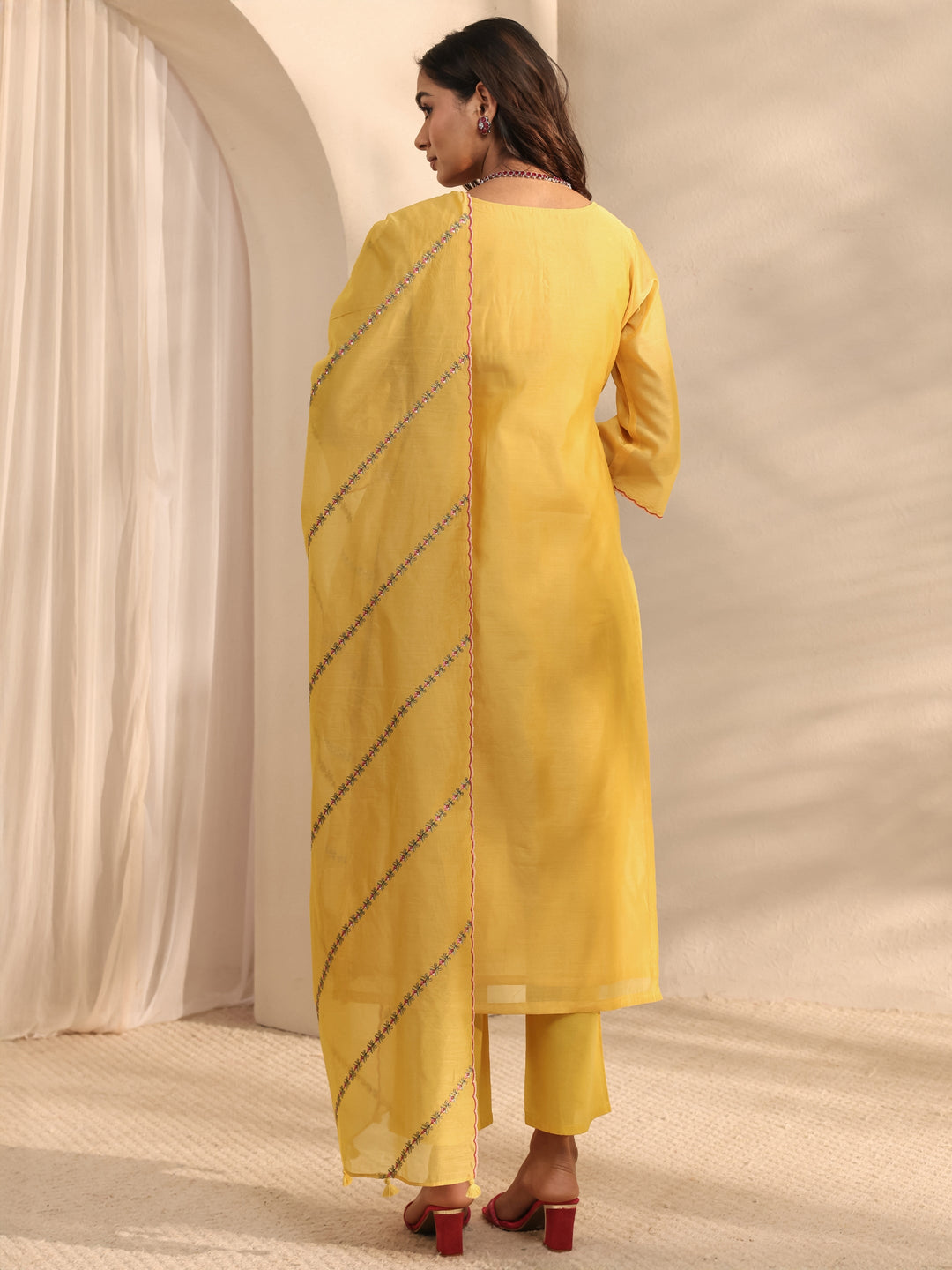  Libas Art Yellow Embroidered Silk Blend Straight Suit Set With Dupatta 