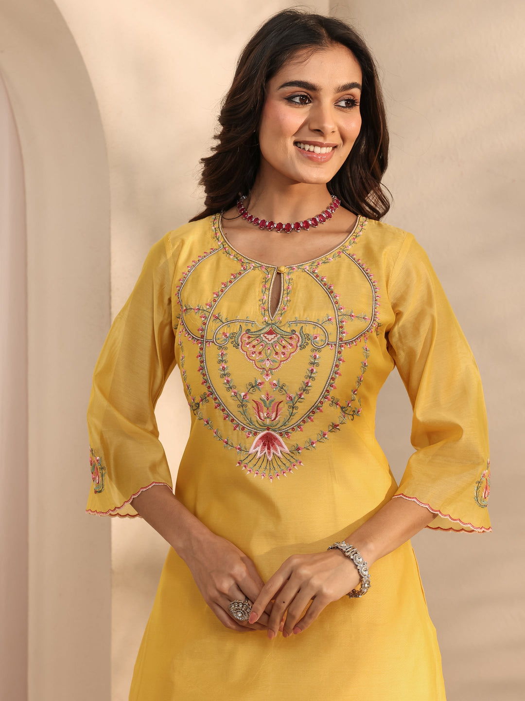  Libas Art Yellow Embroidered Silk Blend Straight Suit Set With Dupatta 