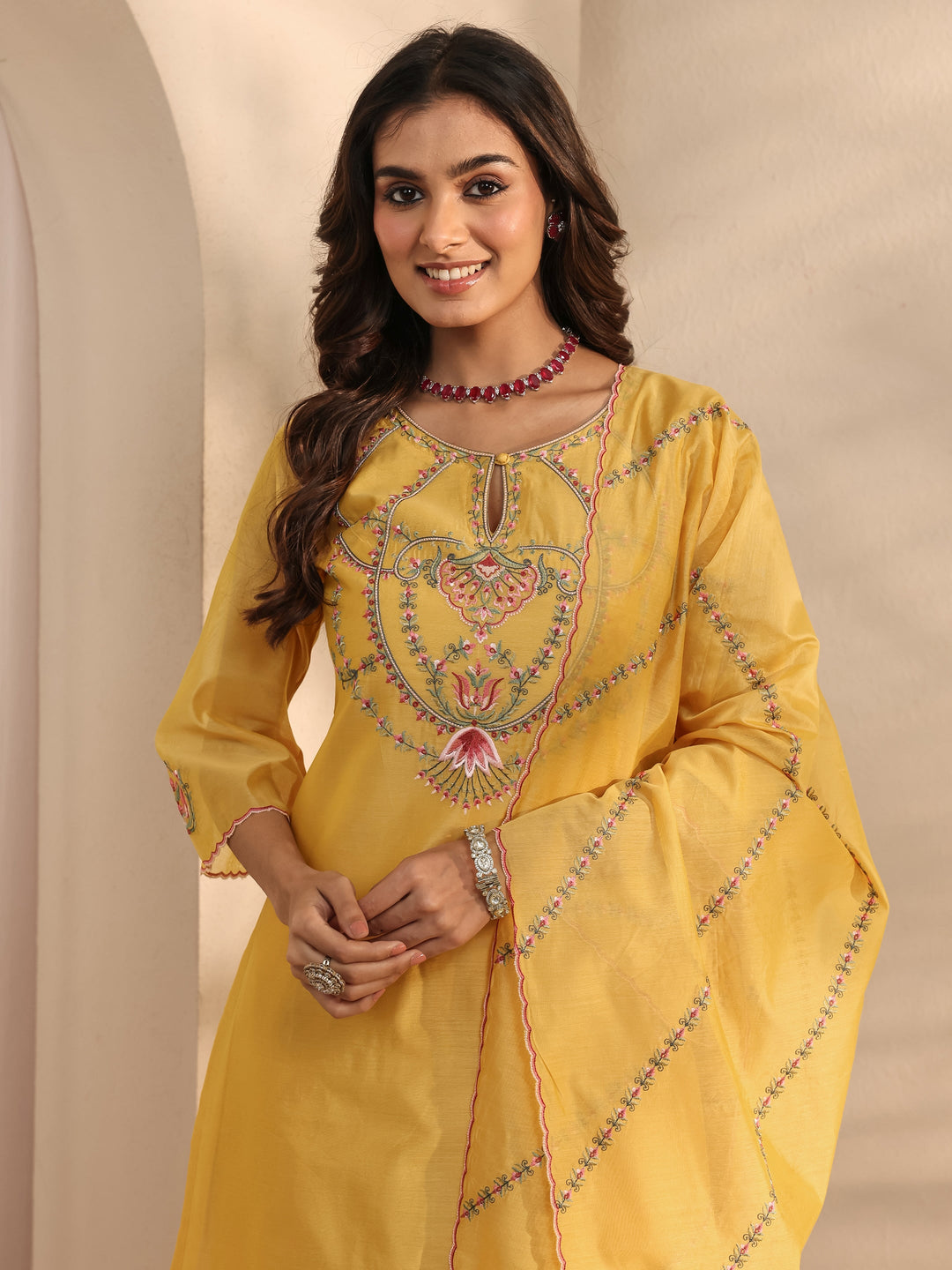  Libas Art Yellow Embroidered Silk Blend Straight Suit Set With Dupatta 