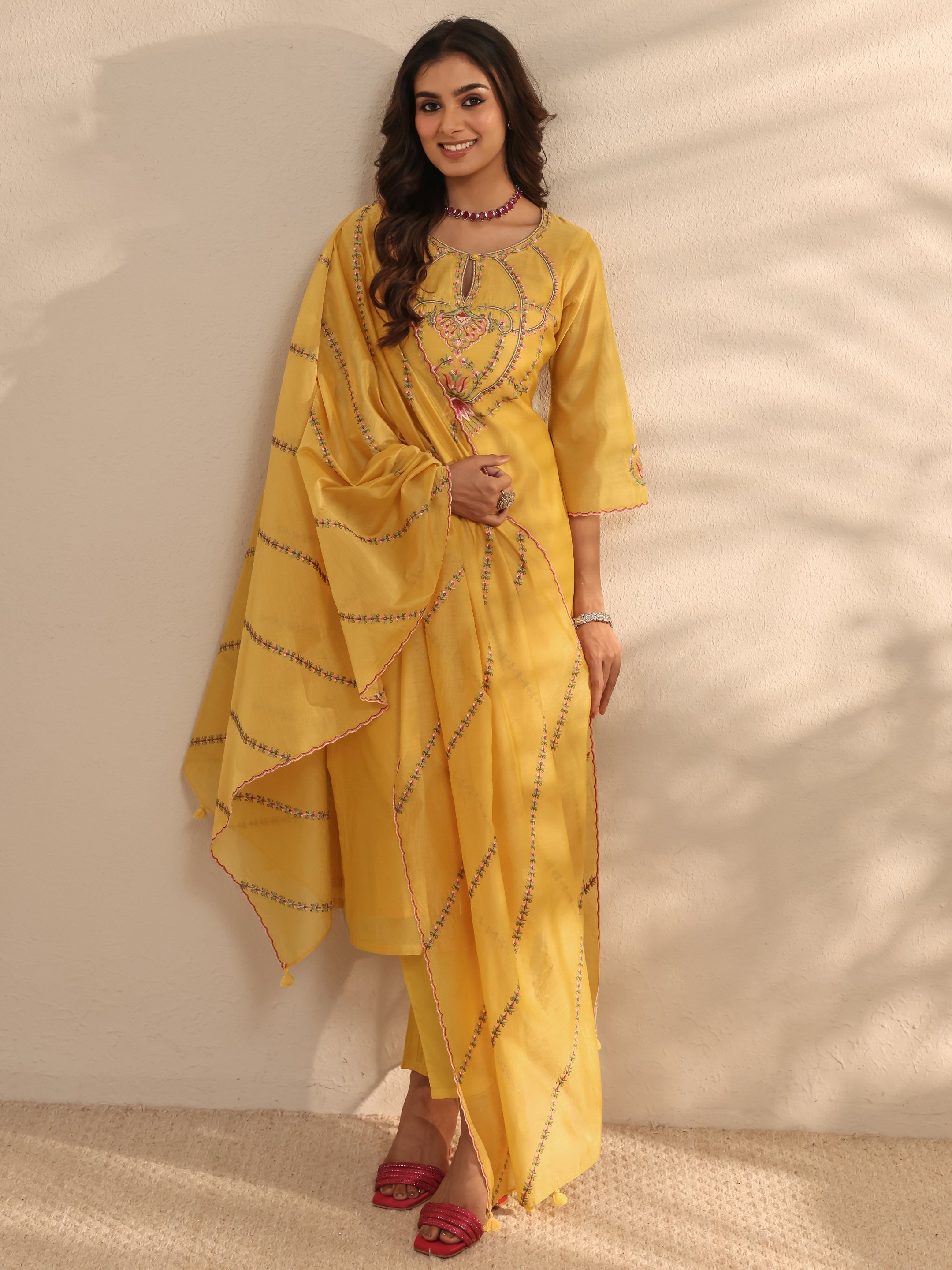 Libas Art Yellow Embroidered Silk Blend Straight Suit Set With Dupatta-picture-19