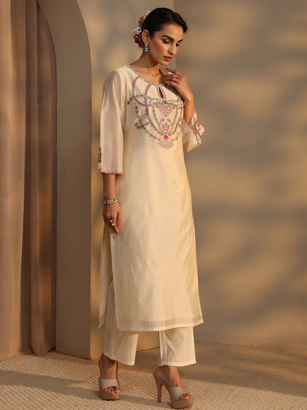  Libas Art Ivory Embroidered Silk Blend Straight Suit Set With Dupatta 
