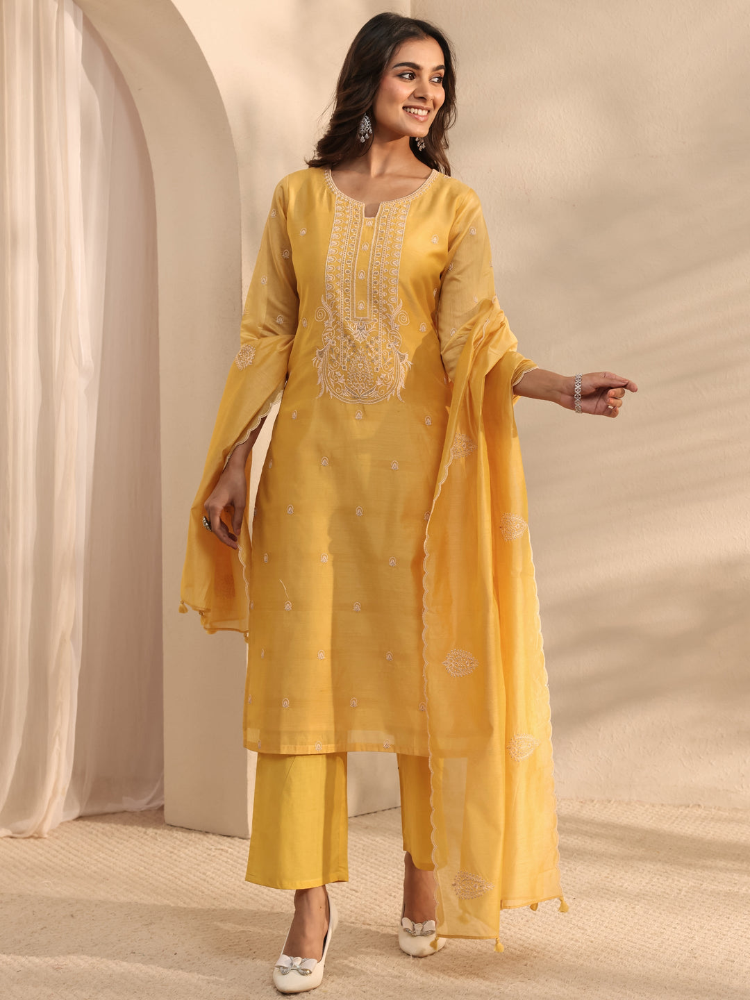 Libas Art Yellow Embroidered Silk Blend Straight Suit Set With Dupatta 