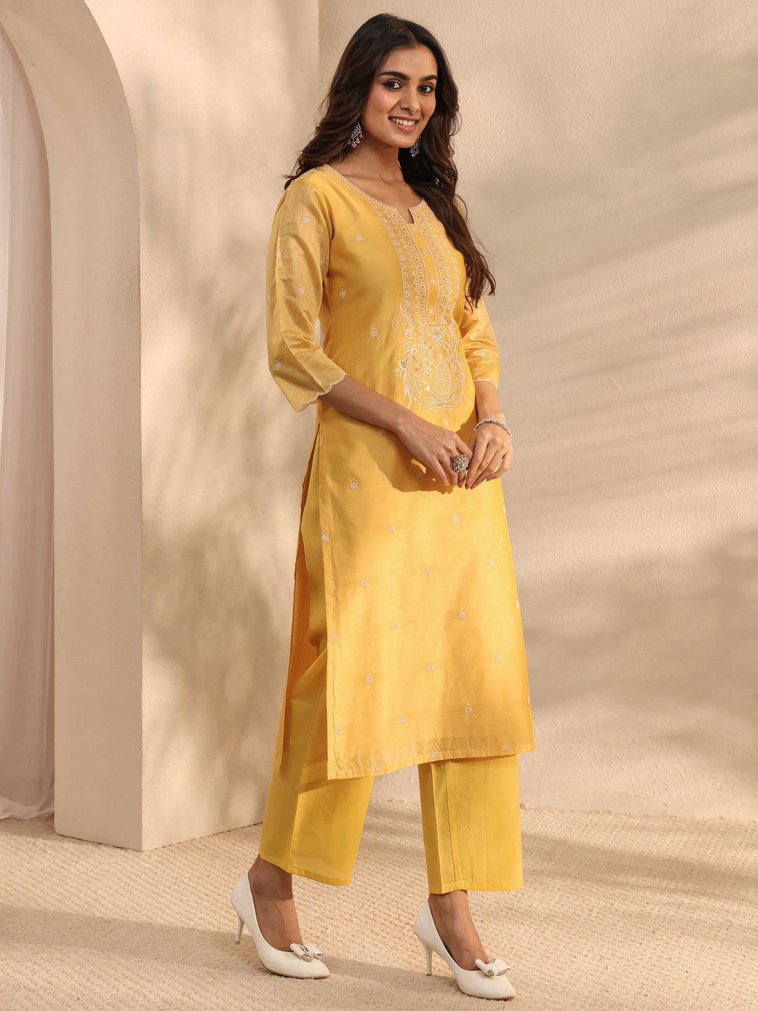  Libas Art Yellow Embroidered Silk Blend Straight Suit Set With Dupatta 