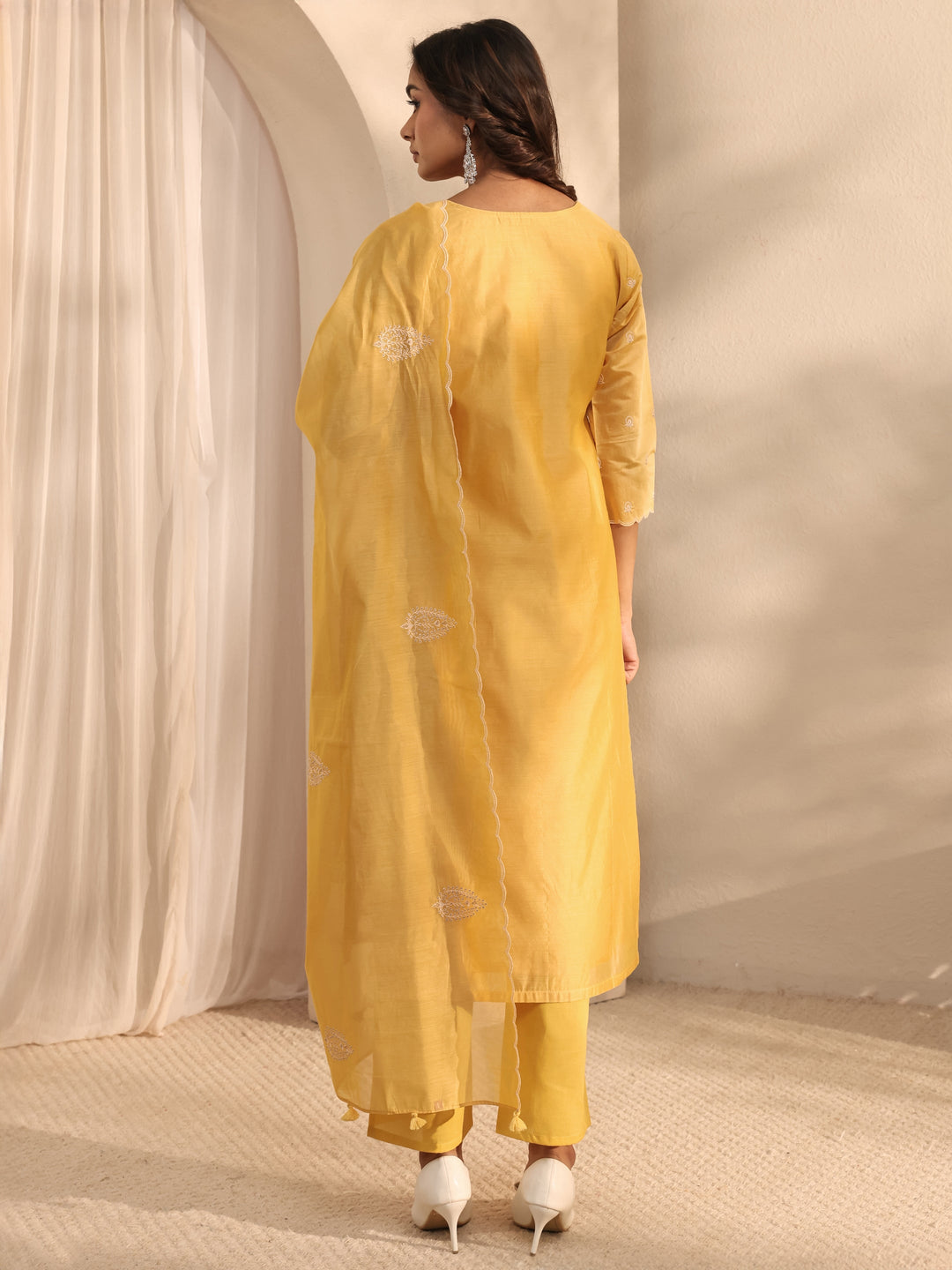  Libas Art Yellow Embroidered Silk Blend Straight Suit Set With Dupatta 