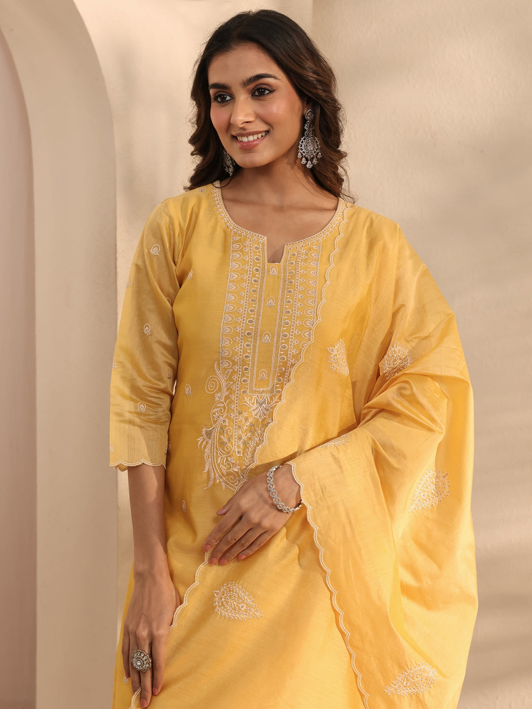  Libas Art Yellow Embroidered Silk Blend Straight Suit Set With Dupatta 
