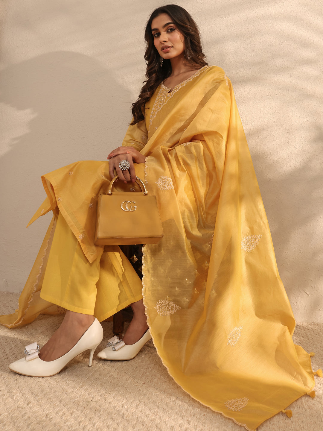 Libas Art Yellow Embroidered Silk Blend Straight Suit Set With Dupatta