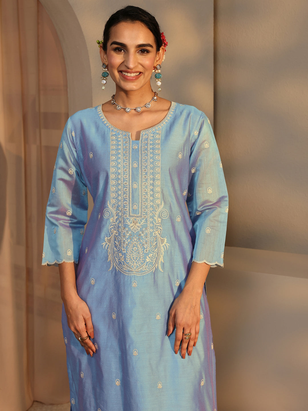  Libas Art Blue Embroidered Silk Blend Straight Suit Set With Dupatta 