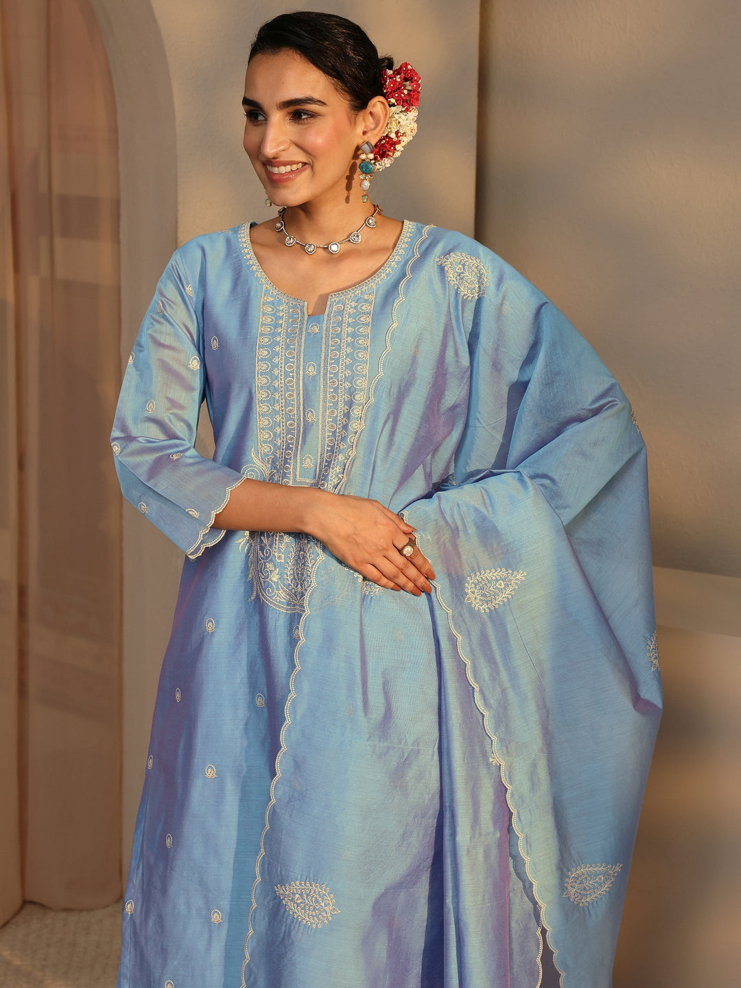  Libas Art Blue Embroidered Silk Blend Straight Suit Set With Dupatta 