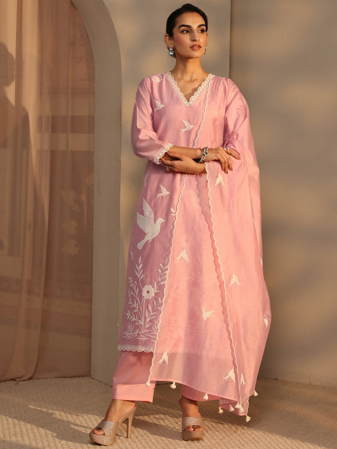  Libas Art Pink Embroidered Silk Blend Straight Suit Set With Dupatta 
