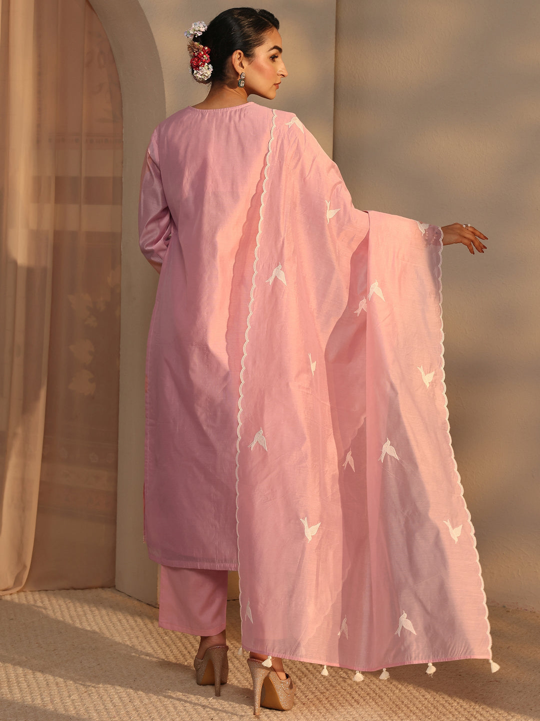  Libas Art Pink Embroidered Silk Blend Straight Suit Set With Dupatta 