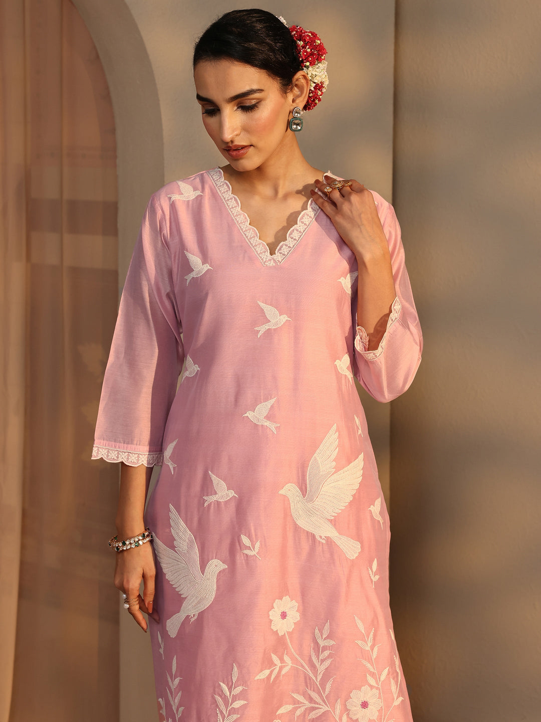  Libas Art Pink Embroidered Silk Blend Straight Suit Set With Dupatta 