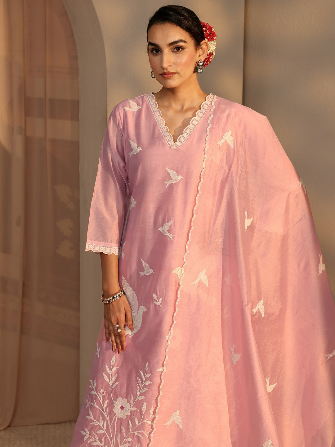  Libas Art Pink Embroidered Silk Blend Straight Suit Set With Dupatta 