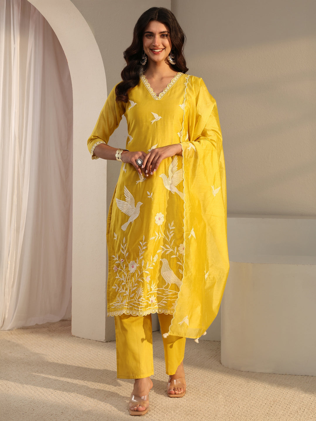  Libas Art Yellow Embroidered Silk Blend Straight Suit Set With Dupatta 