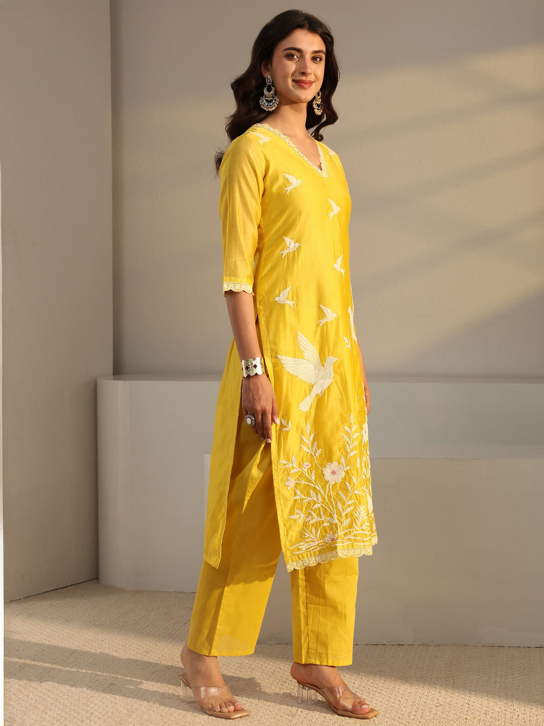  Libas Art Yellow Embroidered Silk Blend Straight Suit Set With Dupatta 