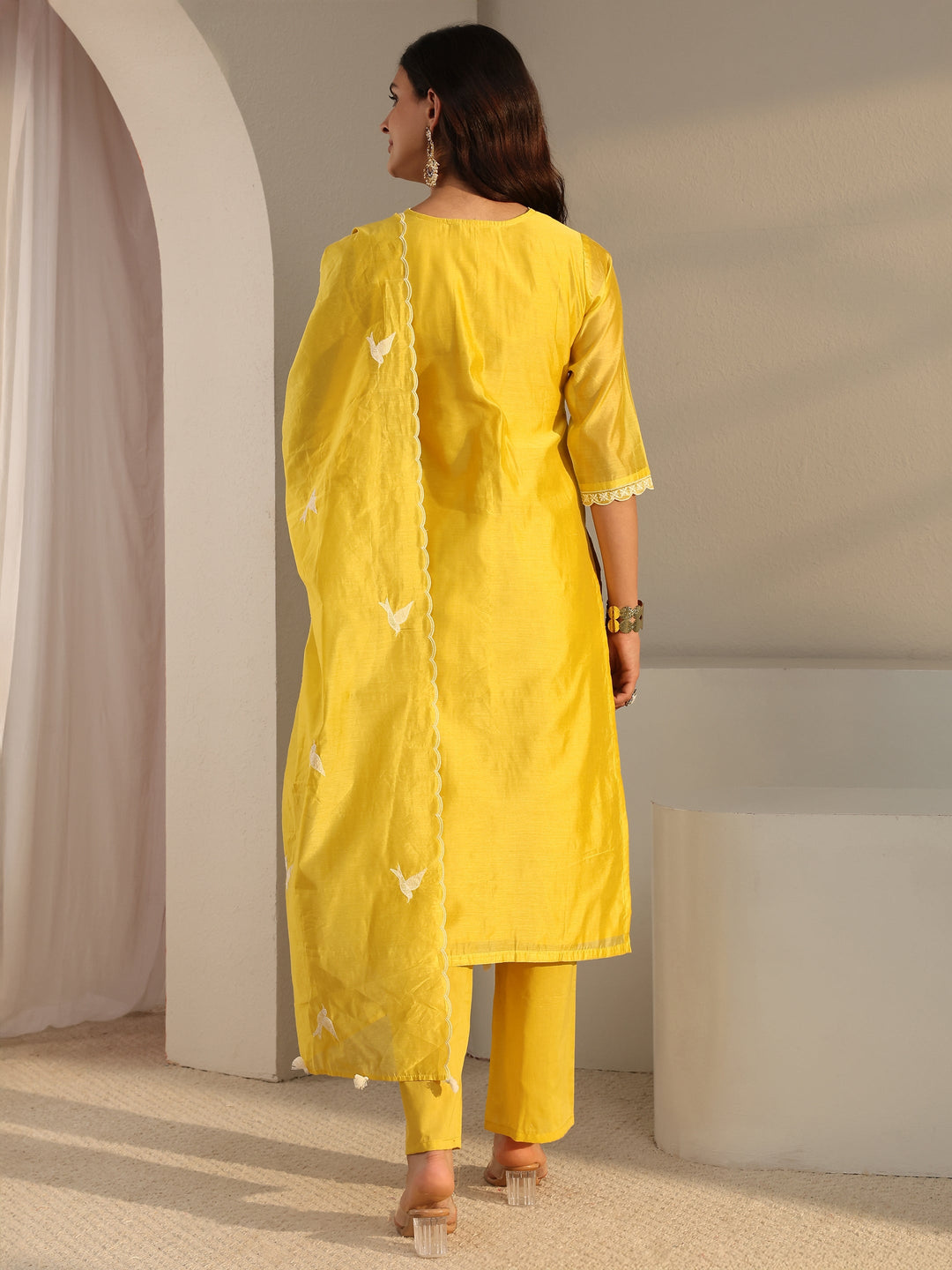  Libas Art Yellow Embroidered Silk Blend Straight Suit Set With Dupatta 
