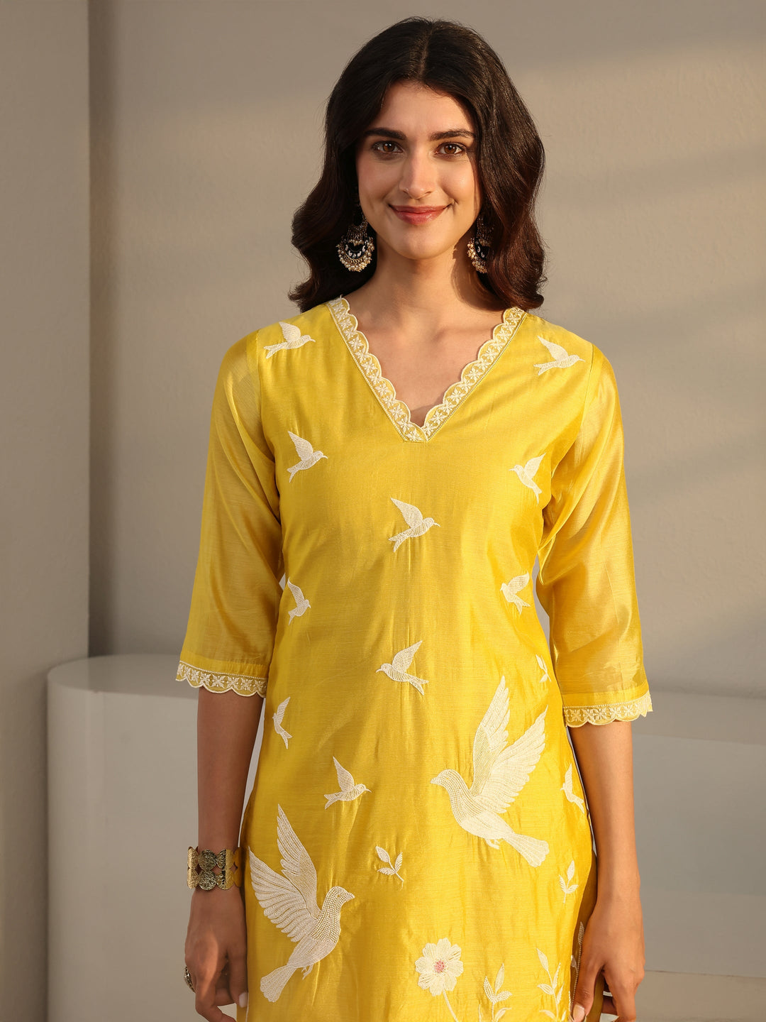  Libas Art Yellow Embroidered Silk Blend Straight Suit Set With Dupatta 