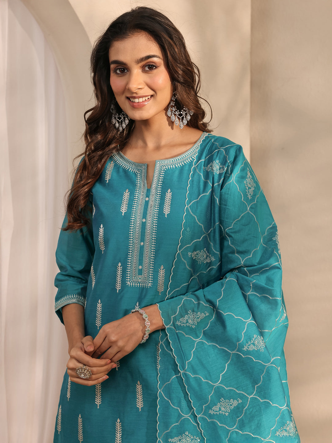  Libas Art Blue Embroidered Silk Blend Straight Suit Set With Dupatta 