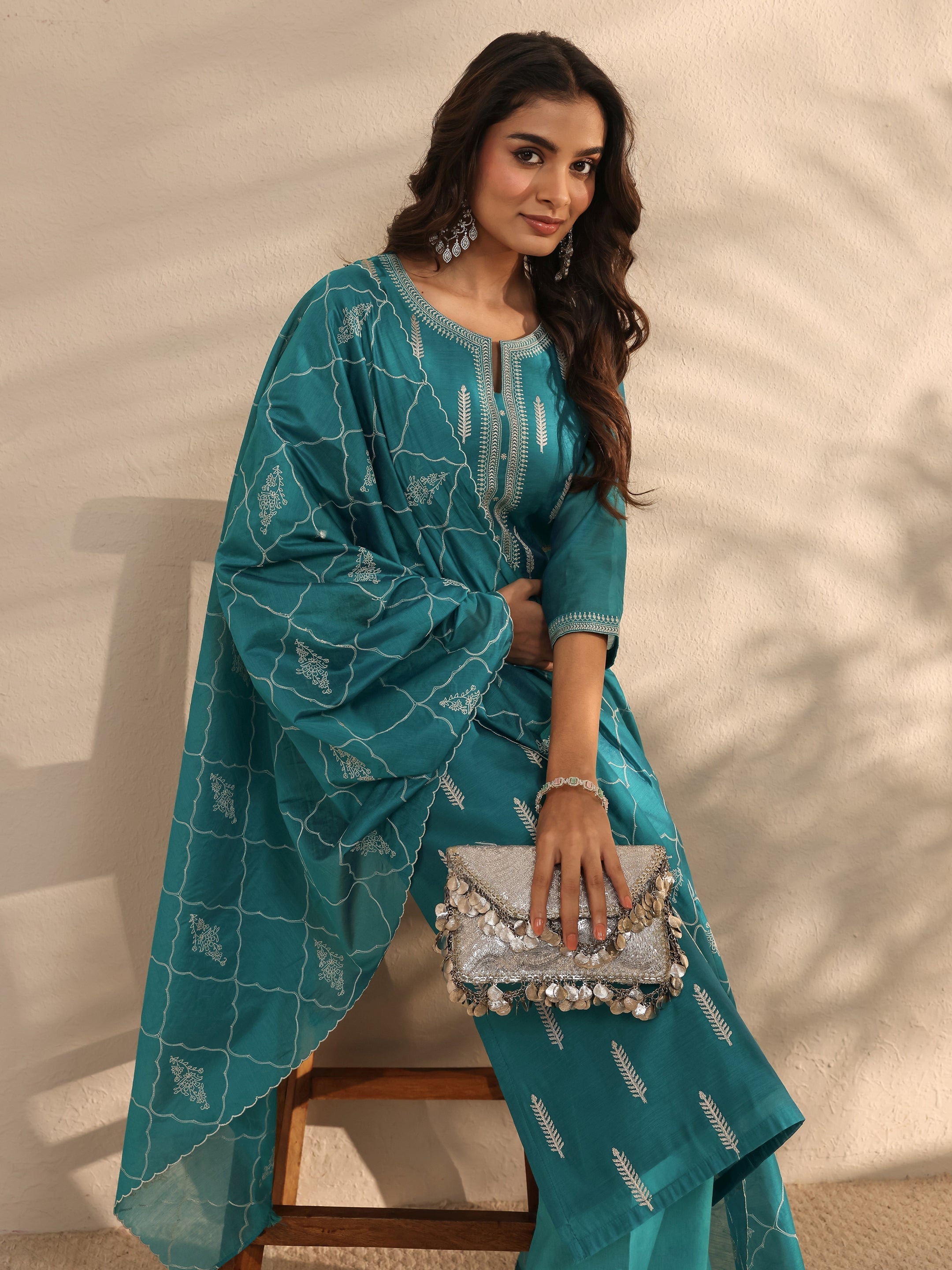 Libas Art Blue Embroidered Silk Blend Straight Suit Set With Dupatta-picture-51